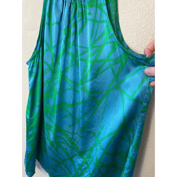 Anni Kuan Blue & Green Tropical Print High Neck Silk Tank/ Blouse Y2K Medium - Picture 2 of 9
